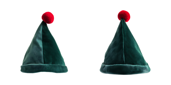 Buy Christmas elf hats online green velvet Santa helper costume party accessory for holiday celebration isolated on a transparent background.