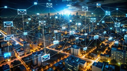 Naklejka premium Aerial View of Cityscape Showing Phishing Email Threat - Cyber Security Risk
