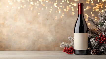 Festive wine bottle with holiday decor background.