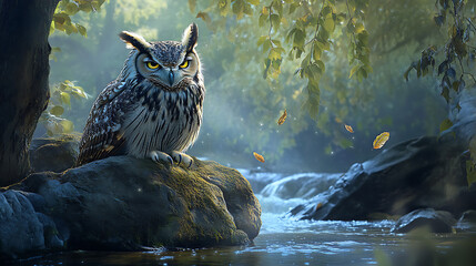 Owl resting beside a serene woodland stream with soft water motion and richly detailed feathers under controlled lighting 
