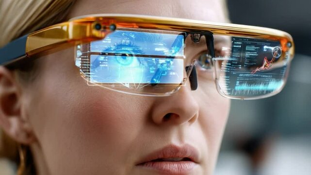 Future Vision: A close-up shot of a person wearing advanced augmented reality glasses with intricate technological details, showcasing the cutting-edge convergence of technology and human vision.