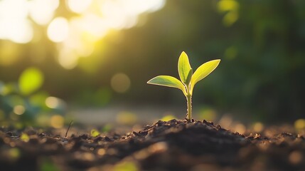 Sprout of hope emerges from fertile ground illuminated by gentle sunlight A symbol of growth and renewal.