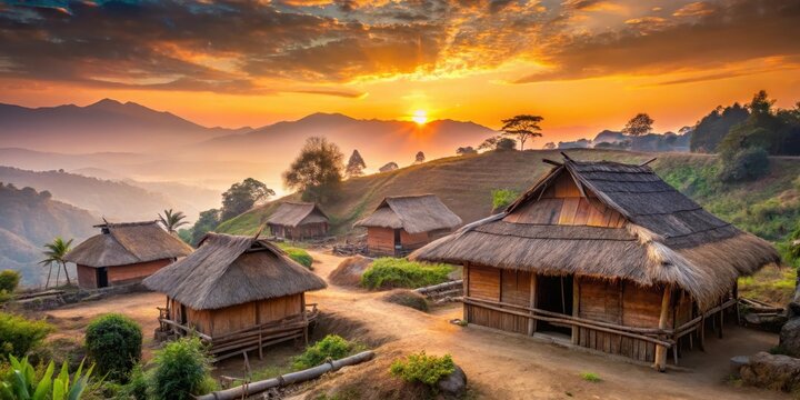 Traditional Nagaland Village Scene at Sunset, traditional architecture, india rural