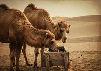 Two Camels Drinking from Wood Trough in Dune Landscape