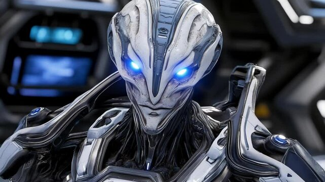 Detailed robotic humanoid character stares with luminous blue eyes inside a futuristic environment in a digital render