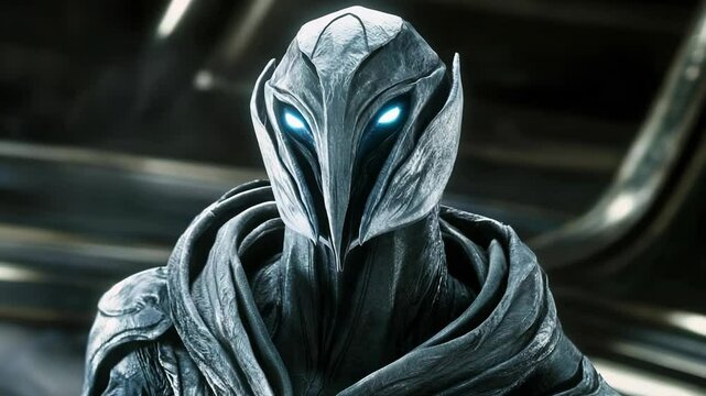 Futuristic warrior with glowing blue eyes wearing metallic armor in a science fiction environment, concept art for a character design in a studio shot.