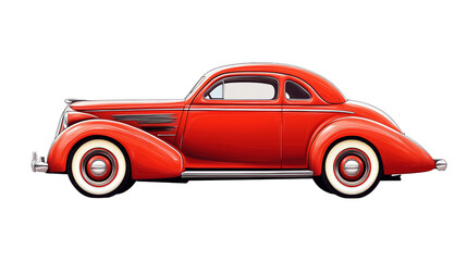 Vintage red car, side view, isolated on white background.