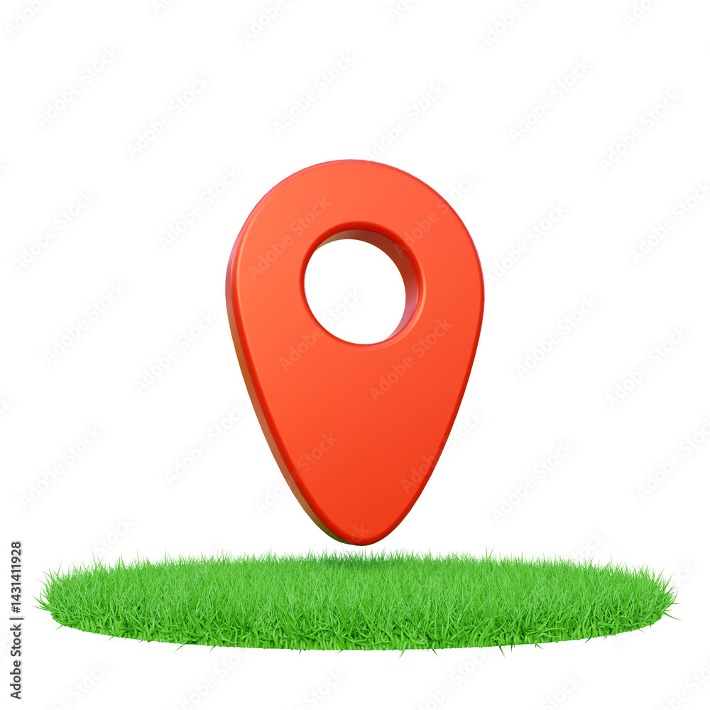 Fototapete Red location pin on grassy ground, symbolizing navigation and direction. Red pin, navigation tool, and direction marker on grass on a isolated background. Location pin element on grass.