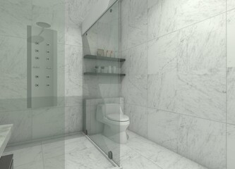 3D bathroom interior design with a shower area and varied wooden shelves above the toilet.