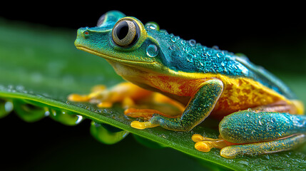 Obraz premium Tropical Rainforest Frog on Leaf with Water Droplets Close-Up