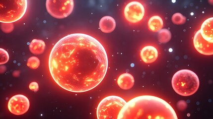 Fototapeta premium A detailed visualization of vibrant red cells floating in a dark background, highlighting their unique structure and luminous glow. Perfect for scientific and educational purposes.