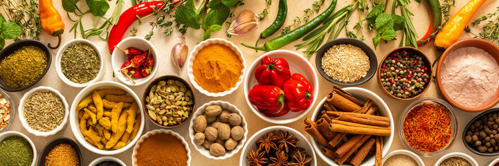 Collection of assorted spices and herbs spread on a beige background, blending exotic aromas and colors to inspire flavorful cooking, banner