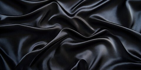 Obraz premium A luxurious close-up of black silk satin fabric with deep creases, its smooth texture capturing subtle highlights and shadows