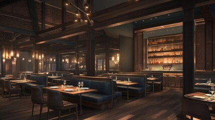 Fototapeta premium Rustic, warm restaurant interior. Spacious dining area with dark wood accents, comfortable seating, and a bar
