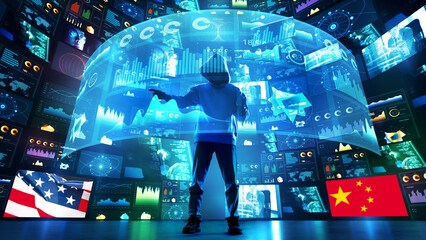 Person in hoodie interacts with complex holographic interface showcasing data visualizations, wall...