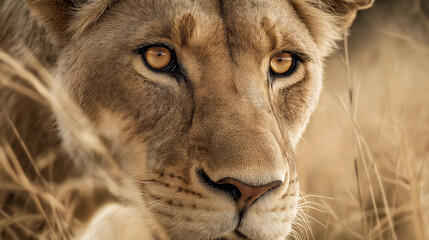 Intense Close-Up of a Lioness in the Savannah Scene
