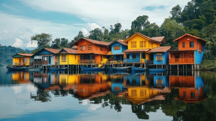 Fototapeta premium Vibrant Lakeside Houses: A Tropical Paradise