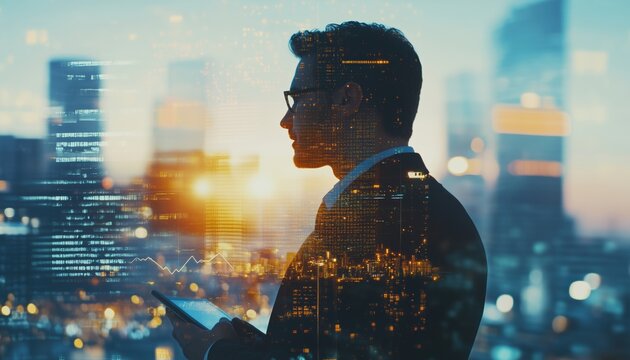 Success Businessman Using Digital Tablet In Double Exposure With City Blurred Background, Showing Forex Graph In Business City Center, Symbolizing International Financial Consulting And Investment.