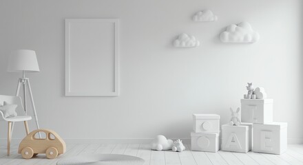 Serene Nursery Room Design Minimalist White Decor with Wooden Toys and Soft Clouds