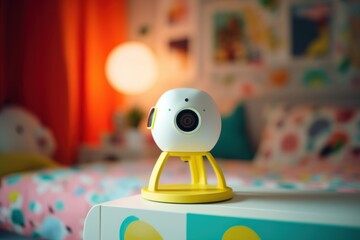 Smart camera with a yellow base in a colorful room. Perfect for baby monitoring with its cute design and advanced safety features.