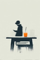 Orange juice left on table with walking businessman silhouette