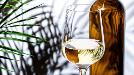 Non-alcoholic, alcohol free, white wine sauvignon blanc in glass with bottle. White background,...