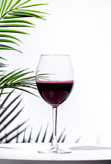 Non-alcoholic, alcohol free, red wine cabernet sauvignon in glass White background, palm leaves shadows, hard light