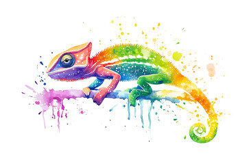 Obraz premium Colorful chameleon perched on a branch, surrounded by vibrant splashes of watercolor paint