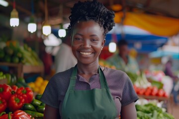 Smiling African American woman standing at vegetables stall and selling to customers at market place