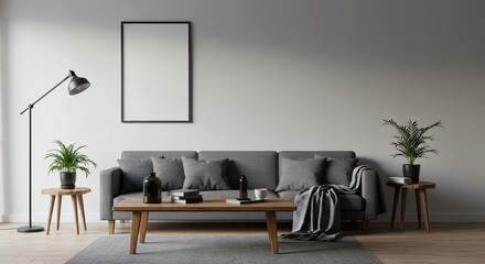 Modern Minimalist Living Room Interior Design Grey Sofa, Wooden Coffee Table, and Plants