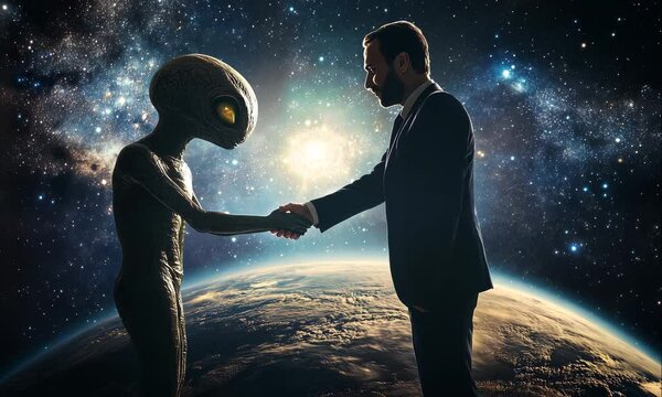 A Businessman Shakes Hands with an Alien Between Earth and Galaxy. Symbolizing Unity and Coexistence Between Civilizations