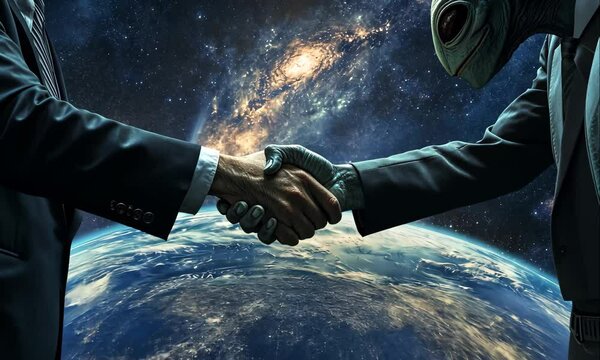 A Businessman Shakes Hands with an Alien Between Earth and Galaxy. Symbolizing Unity and Coexistence Between Civilizations