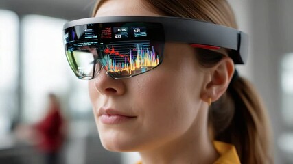 Immersive Tech Vision: A person wearing sleek augmented reality glasses, showcasing cutting-edge technology, with reflective displays overlaying dynamic data visualizations.  - Powered by Adobe