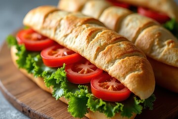 Closeup of Gourmet French Bread Sandwich with Fresh Ingredients