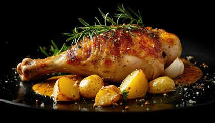 Delicious Roasted Chicken Leg With Potatoes Seasoned With Cumin And Garlic - A Flavorful And Savory Dish For Dinner.
