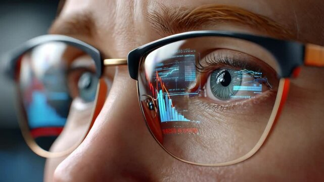 Vision of Data: A close-up view captures the gaze of a person with glasses reflecting dynamic data charts, symbolizing modern technology and analytical focus.
