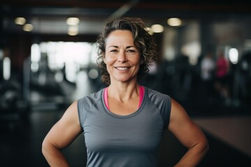 Fototapeta premium Smiling portrait of a middle aged slightly overweight woman in a gym in sports clothes