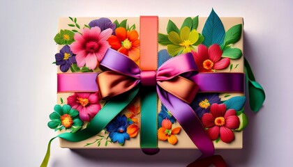 a colorful ribbon with flowers and greenery wrapped around a gift box with a bow tied on top cotillon ruban cadeau bow tie
