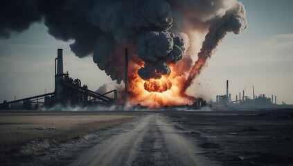 Catastrophic Industrial Explosion in a Desolate Factory Landscape created with generative ai