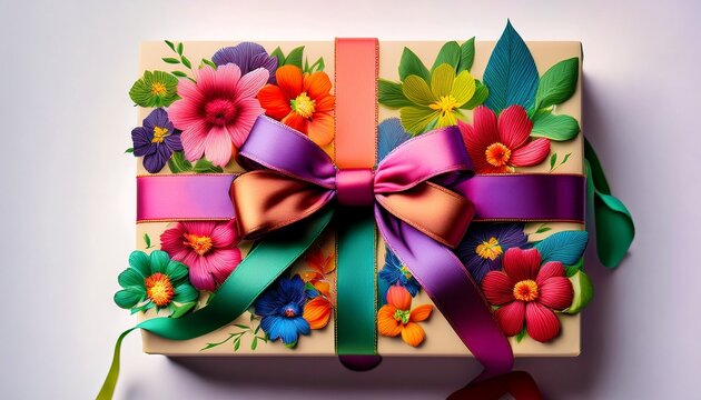 a colorful ribbon with flowers and greenery wrapped around a gift box with a bow tied on top cotillon ruban cadeau bow tie