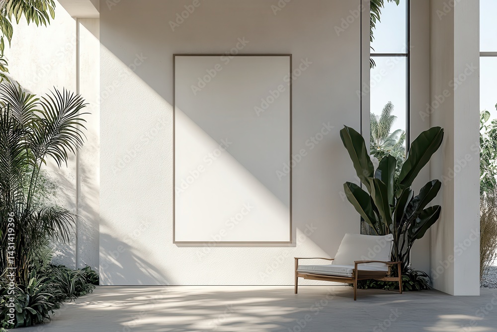 Aufkleber blank canvas in minimalist space, light and shadows play on the wall. a tranquil escape, with plants