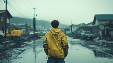 A person in a yellow raincoat stands on a flooded street in a desolate town after a storm