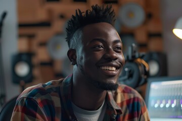 Obraz premium Smiling young man talking on podcast in studio