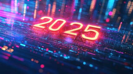 Fototapeta premium Futuristic digital display of the year 2025. Abstract, glowing, neon-style numbers overlaying a circuit board-like background with vibrant colors and digital signals