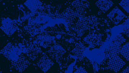 Dark grunge background with geometric shapes and halftone dots and scattered blue drops.