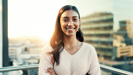 City, rooftop and portrait with business woman outdoor for ambition, inspiration or opportunity....