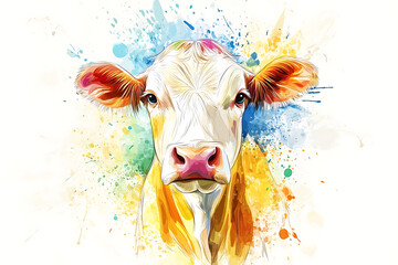 Colorful artistic depiction of a cow's face with vibrant splashes in the background