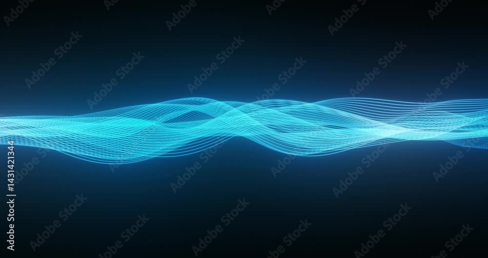Poster flowing blue digital lines create abstract waves against a dark background, representing data flow i