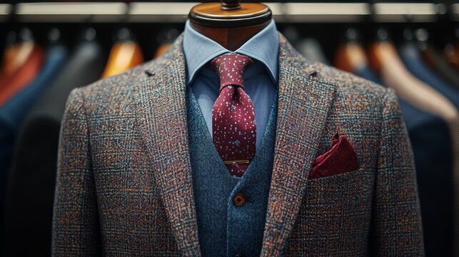 Close-up of stylish tweed suit with red tie and pocket square in clothing store.