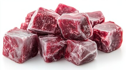 Fototapeta premium Frozen raw beef cubes stacked on white background for food preservation concept.